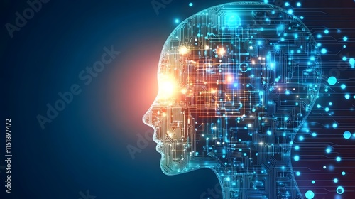 A digital representation of a human head filled with circuit patterns and glowing lights.