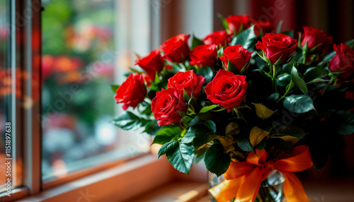 Wallpaper Mural ouquet of vibrant red roses with green leaves, tied together with an orange ribbon Torontodigital.ca