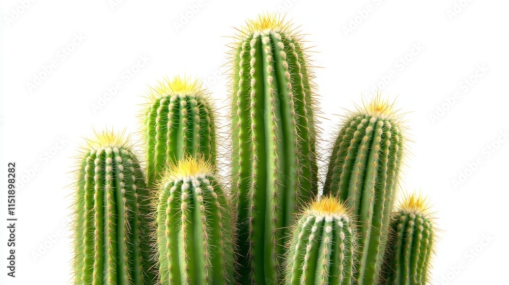 A cluster of tall, green cacti with spines and yellow tops against a white background. A cluster of tall, green cacti with spines and yellow tops against a white background.