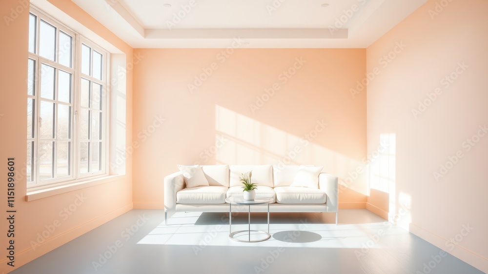 Fototapeta premium A Modern Living Room with a White Sofa and a Pastel Orange Wall with Natural Light Streaming Through a Large Window