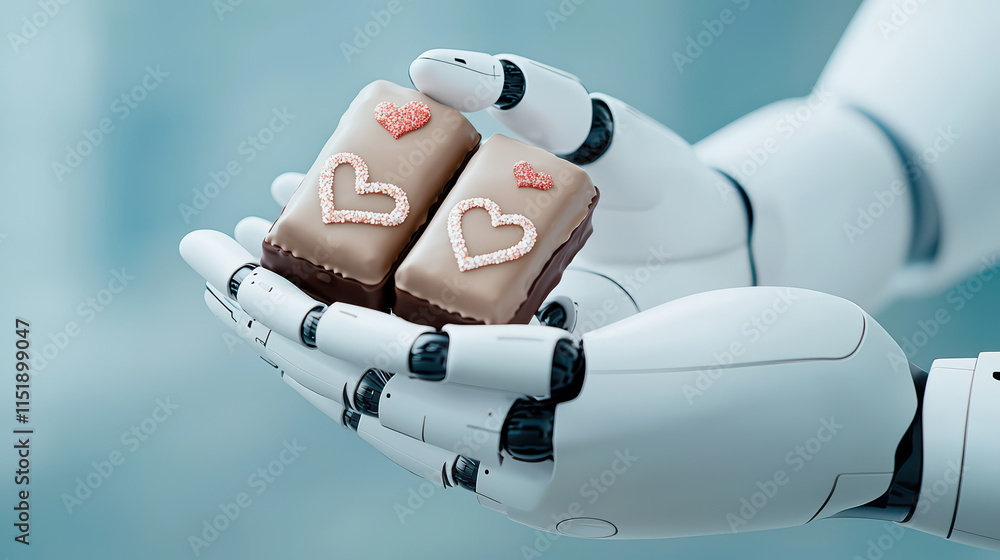 robotic hand holds two cho te treats with heart designs, symbolizing affection and technology robotic hand holds two cho te treats with heart designs, symbolizing affection and technology