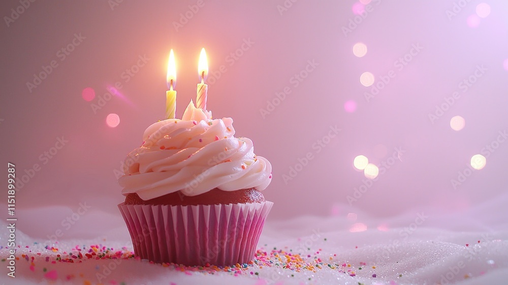 Festive Birthday Cupcake with Candles Sprinkles Pink Bokeh Festive Birthday Cupcake with Candles Sprinkles Pink Bokeh