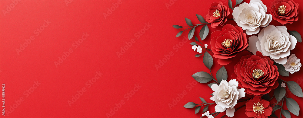 Beautiful floral arrangement with red and white flowers on vibrant red background, perfect for celebrations and special occasions. intricate details of flowers add elegance and charm Beautiful floral arrangement with red and white flowers on vibrant red background, perfect for celebrations and special occasions. intricate details of flowers add elegance and charm