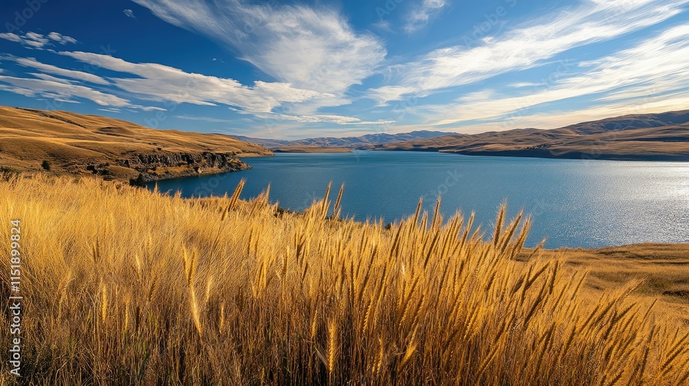A wide-angle view of golden wheat stalks swaying in the wind, with a sparkling lake visible in the distance A wide-angle view of golden wheat stalks swaying in the wind, with a sparkling lake visible in the distance