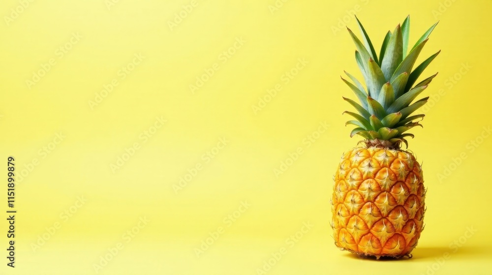 A Single Ripe Pineapple on a Vibrant Yellow Background, Perfect for Tropical Themed Designs and Culinary Publications A Single Ripe Pineapple on a Vibrant Yellow Background, Perfect for Tropical Themed Designs and Culinary Publications