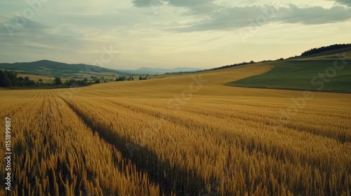 A wide shot of golden grain fields bordered by green hills, with a soft wind rippling through the crop under a serene sky