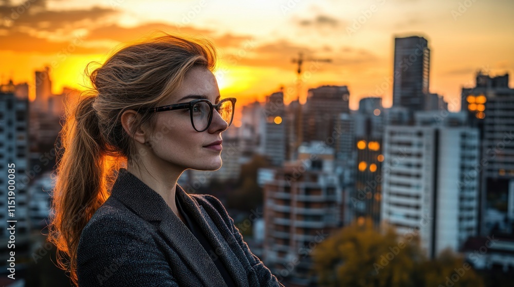 Young woman in glasses looking at sunset over city skyline. Young woman in glasses looking at sunset over city skyline.