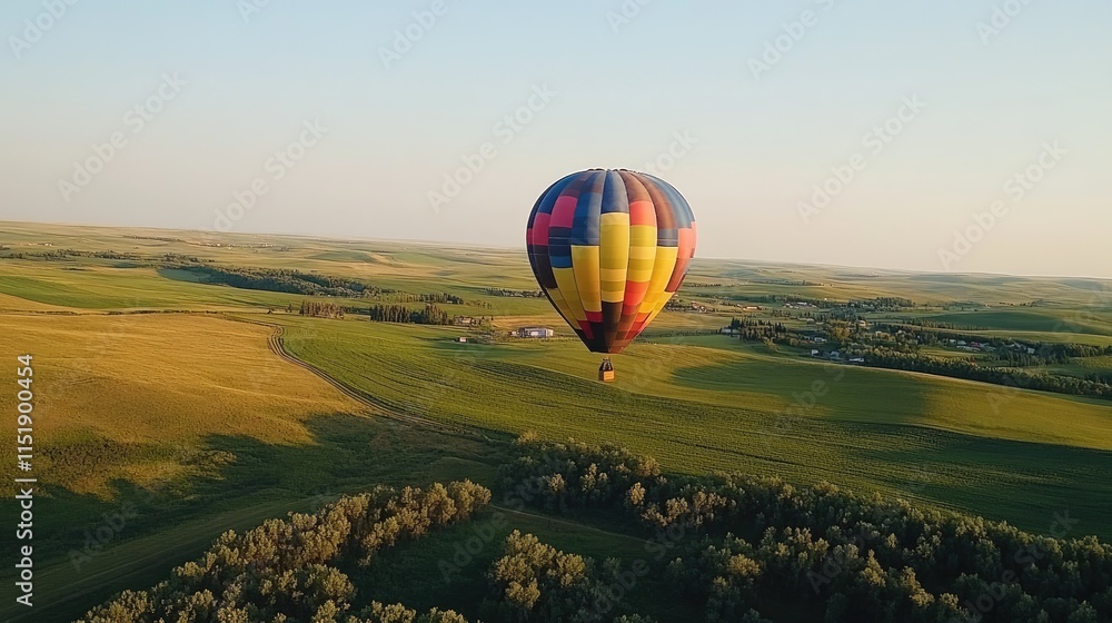 Obraz premium Hot Air Balloon Soaring Over Rolling Green Fields
