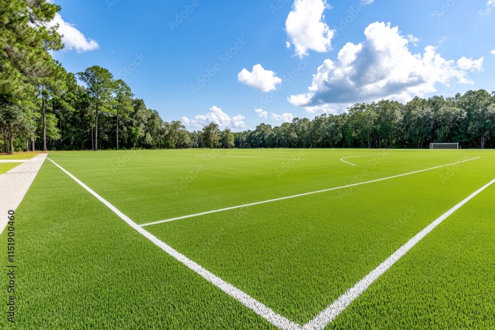 Obraz premium A soccer field with well-maintained grass, showing the texture of the turf and white lines marking the boundaries