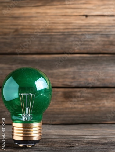 A green lightbulb stands prominently against a rustic wooden background, symbolizing creativity and innovation, Ideal for projects related to sustainability, design, or modern technology, photo