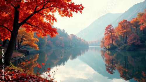 Serene Autumn Landscape Featuring a Majestic Red Maple Tree by a Tranquil Lake Reflected in Still Waters Under a Misty Sky