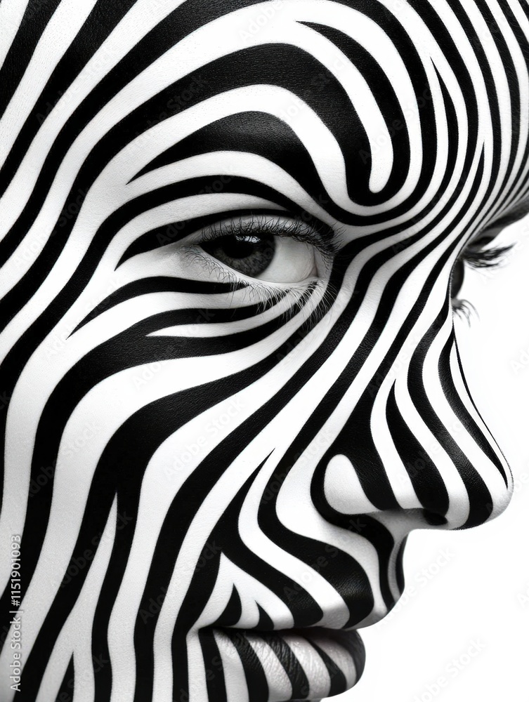This striking close-up features a female face adorned with bold black and white stripes, creating a captivating, artistic effect, Ideal for concepts related to identity, creativity, and art, This striking close-up features a female face adorned with bold black and white stripes, creating a captivating, artistic effect, Ideal for concepts related to identity, creativity, and art,