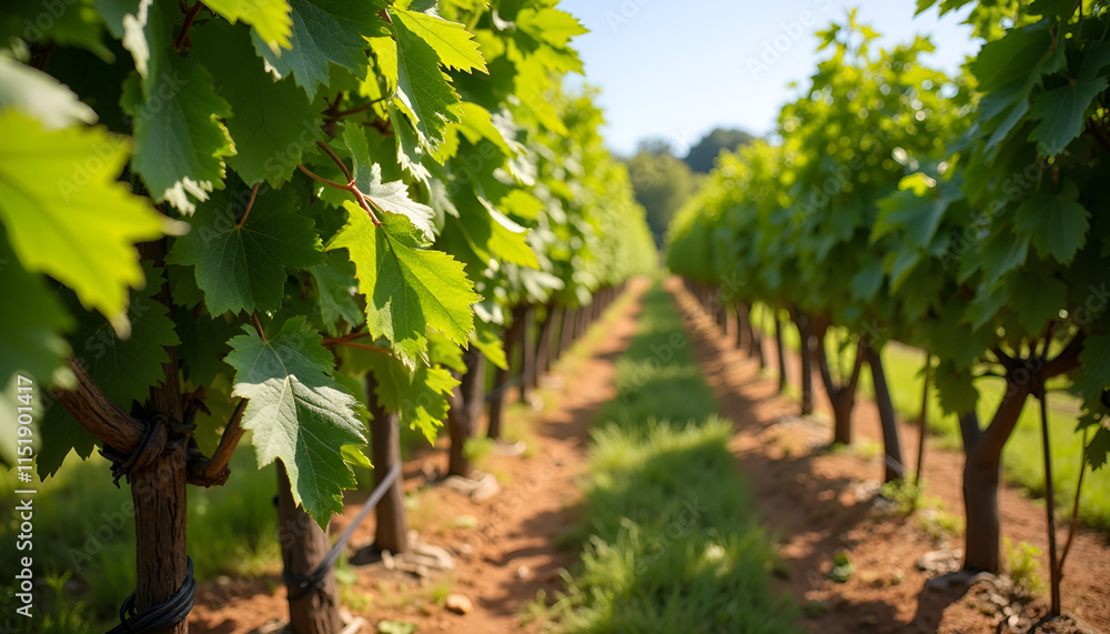 Fototapeta premium Vineyard rows with lush green grape leaves under bright sunlight in scenic landscape