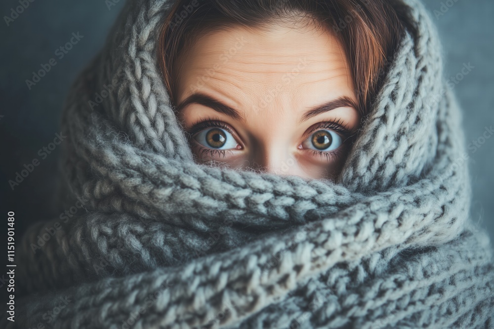 A close-up portrait of a woman wrapped in a thick knitted scarf, with only her eyes visible. The background is softly blurred, emphasizing her expressive eyes and the texture of the scarf. A close-up portrait of a woman wrapped in a thick knitted scarf, with only her eyes visible. The background is softly blurred, emphasizing her expressive eyes and the texture of the scarf.