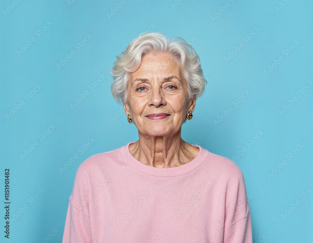 Photo of friendly mature elderly woman granny grandmother in pastel pink sweater casual clothes smiling looking at the camera isolated over blue background. Advertisement concept Photo of friendly mature elderly woman granny grandmother in pastel pink sweater casual clothes smiling looking at the camera isolated over blue background. Advertisement concept