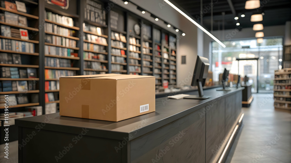 Modern Library Interior Featuring Bookshelves and a Cardboard Box on Display Table Modern Library Interior Featuring Bookshelves and a Cardboard Box on Display Table
