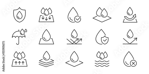 Waterproof line icons. Water resistant, drops, water protection, moisture vector icon