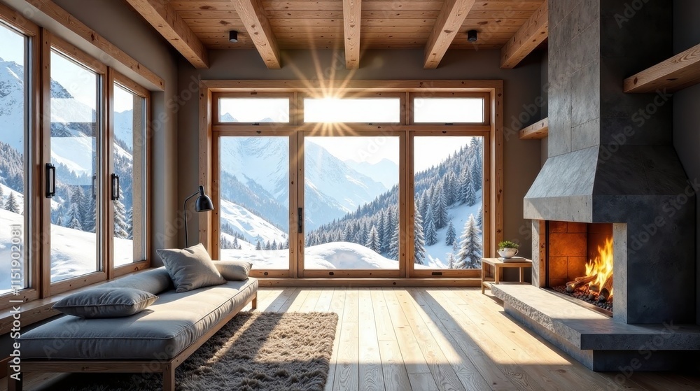 Naklejka premium Serene Mountain View Relaxation Cozy Modern Cabin Interior with Panoramic Windows and a Warm Fireplace