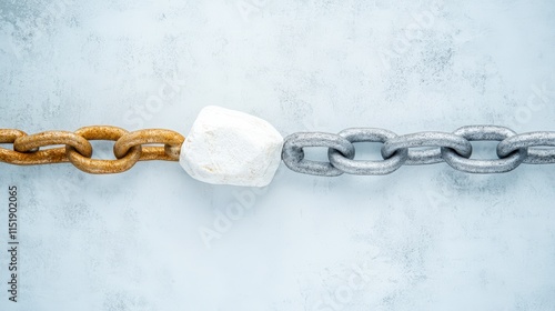 An image of rusted and shiny metal chains connected by a white rock symbolizes strength and barriers, suitable for concepts like resilience, connection photo