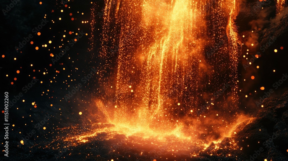 Burning sparkles forming a cascading waterfall of light, with embers trailing off into the void Burning sparkles forming a cascading waterfall of light, with embers trailing off into the void