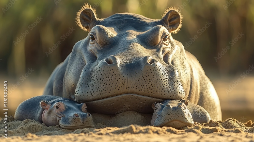Fototapeta premium A close-up of a hippo family with two young calves cuddled up near their protective mother on a sandy riverbank in Namibia.