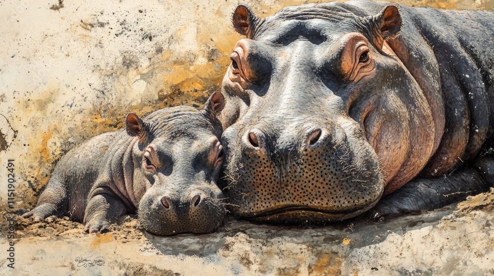 Fototapeta premium A close-up of a hippo family with two young calves cuddled up near their protective mother on a sandy riverbank in Namibia.