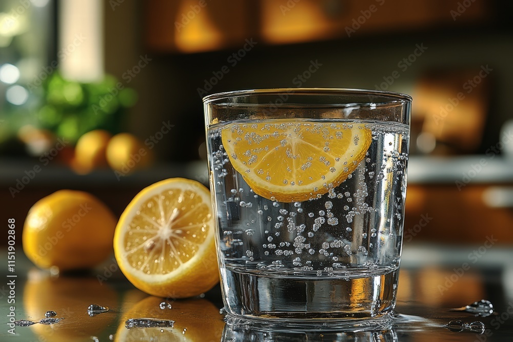 Refreshing glass of water with lemon on a wooden table in a cozy kitchen setting Refreshing glass of water with lemon on a wooden table in a cozy kitchen setting