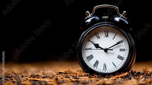A classic black alarm clock sits against a dark background, partially surrounded by brown foliage, This image can be used to symbolize time management, deadlines