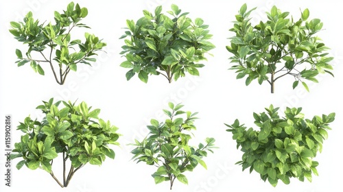 A collection of tropical bushes with glossy green leaves, isolated and perfect for creating fresh and vibrant compositions.