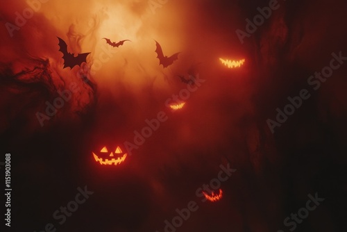 Eerie Halloween Atmosphere Featuring Spooky Bats, Grinning Jack-o'-Lanterns, and Dark Clouds for a Haunting Seasonal Background