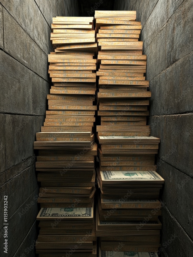Stacks of cash fill a narrow alleyway, creating a dramatic and visually striking scene, This image is ideal for finance-related content, illustrating wealth or the concept of hidden riches, Stacks of cash fill a narrow alleyway, creating a dramatic and visually striking scene, This image is ideal for finance-related content, illustrating wealth or the concept of hidden riches,