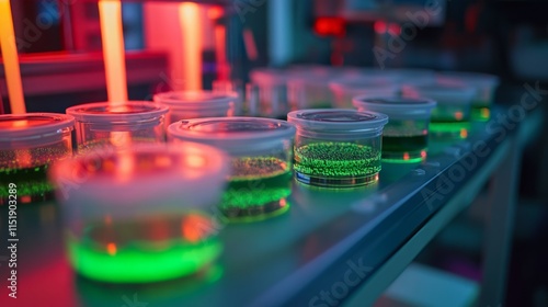 In a modern lab setting, various small containers hold vibrant green solutions, illuminated by colored lights.