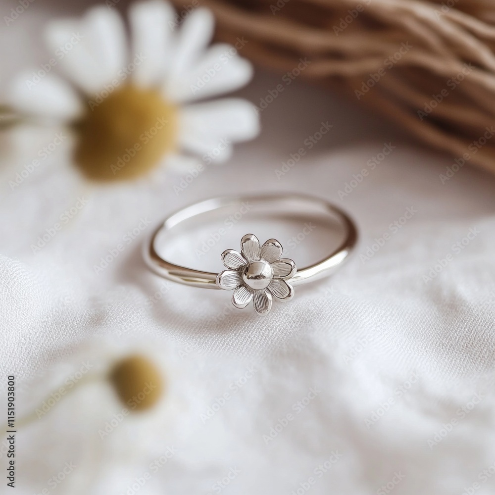 Silver daisy ring on white fabric with chamomile flowers Silver daisy ring on white fabric with chamomile flowers