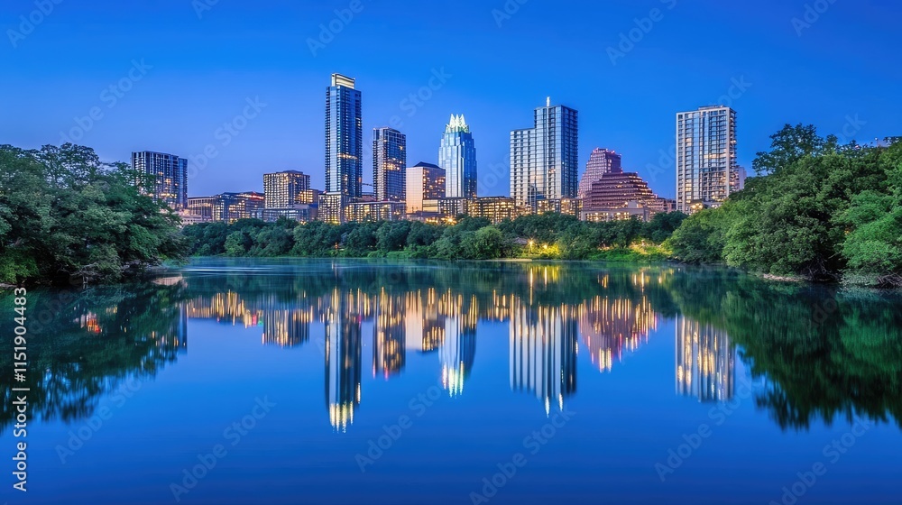 Fototapeta premium Austin Skyline Reflected in Calm Evening Water