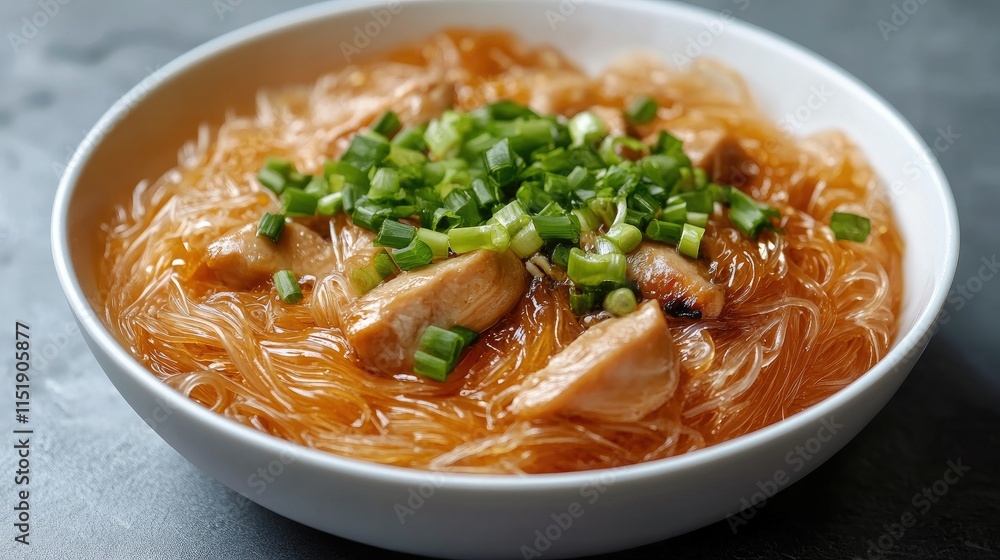 A vibrant bowl of cellophane noodles with caramelized chicken breast, garnished with green onions, placed on a moody grey backdrop.