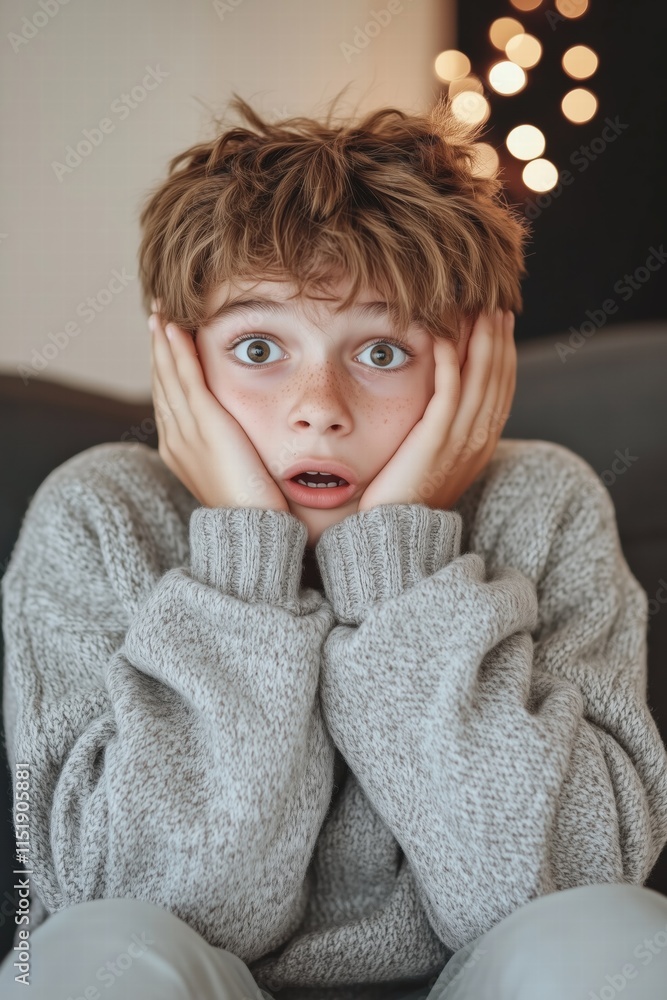 A surprised young boy with tousled hair, wearing a cozy sweater, sitting on a couch with a shocked expression, hands on his face, against a softly lit background. A surprised young boy with tousled hair, wearing a cozy sweater, sitting on a couch with a shocked expression, hands on his face, against a softly lit background.
