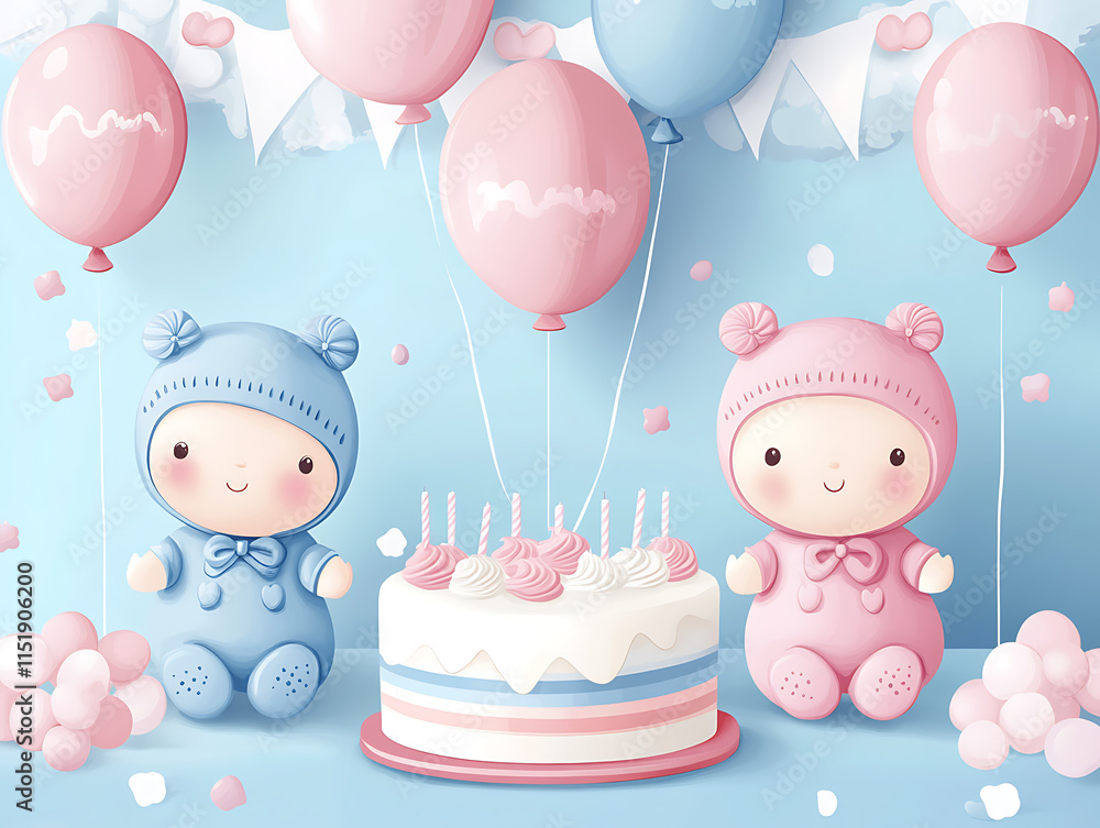 Fototapeta premium Baby doll with cake and balloons on baby shower celebration illustration