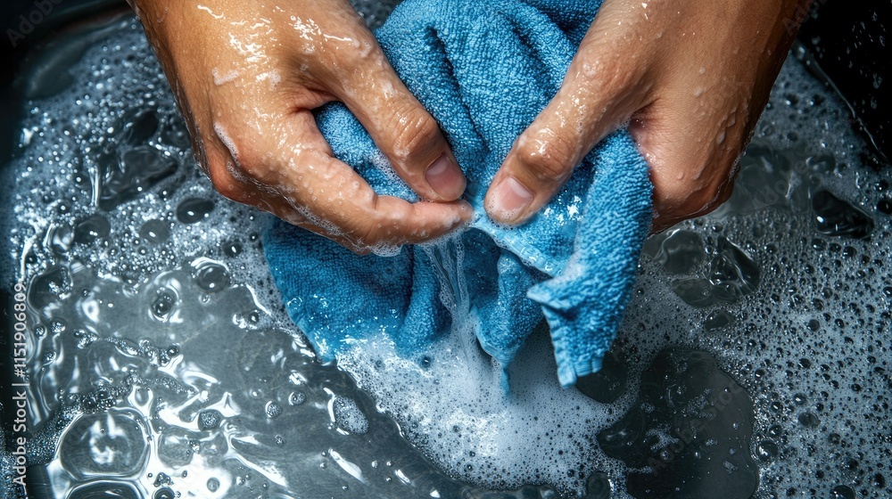 Fototapeta premium Hands wringing out a wet dishcloth over a sink, with soap suds visible on the surface of the water
