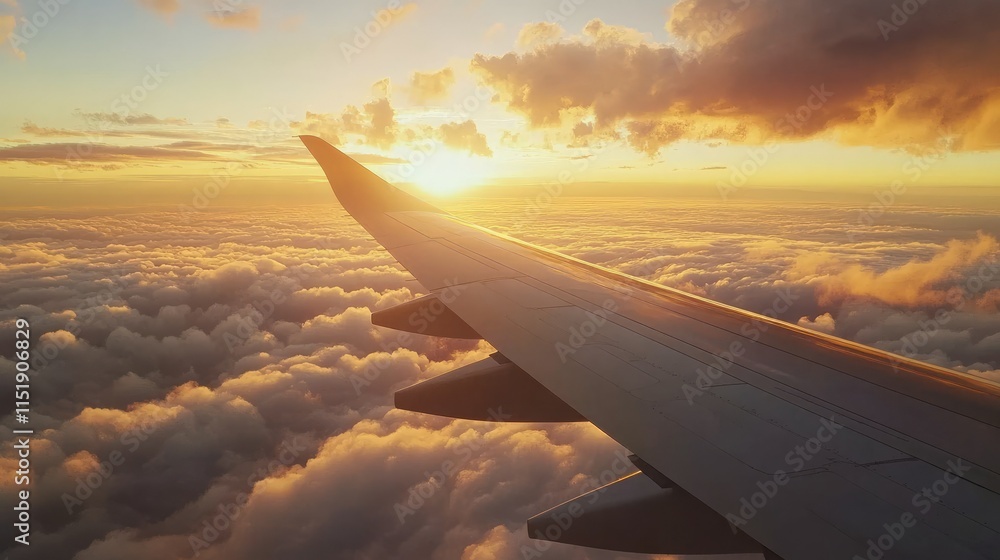 Airplane wing cruising above a dramatic cloudscape during golden hour, showcasing the beauty of air travel. Airplane wing cruising above a dramatic cloudscape during golden hour, showcasing the beauty of air travel.