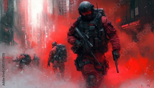 Red clad soldiers advance through a futuristic city photo