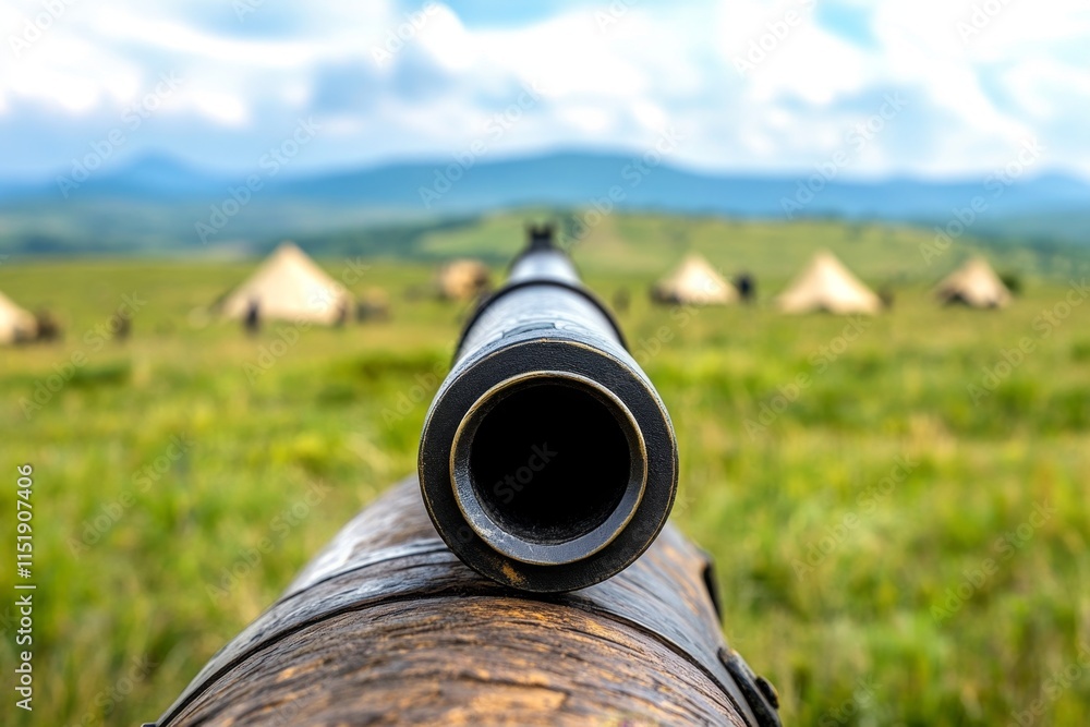 A historic musket resting against a cannon on a battlefield reenactment site, with tents in the distance A historic musket resting against a cannon on a battlefield reenactment site, with tents in the distance