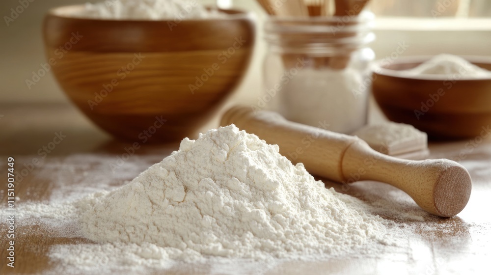 Flour Baking Ingredients: Wooden Bowl and Rolling Pin Flour Baking Ingredients: Wooden Bowl and Rolling Pin