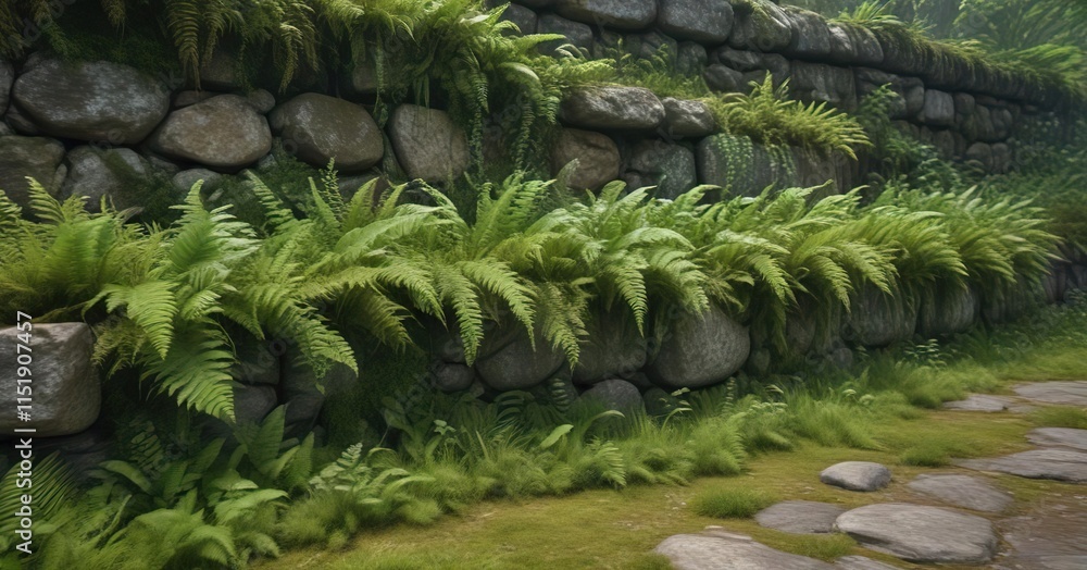 moss-covered stone wall with ferns and grasses, moss, stone, natural moss-covered stone wall with ferns and grasses, moss, stone, natural