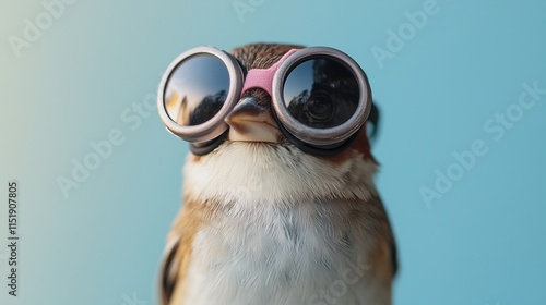 Sparrow Wearing Big Round Goggles Against a Solid Color Backdrop