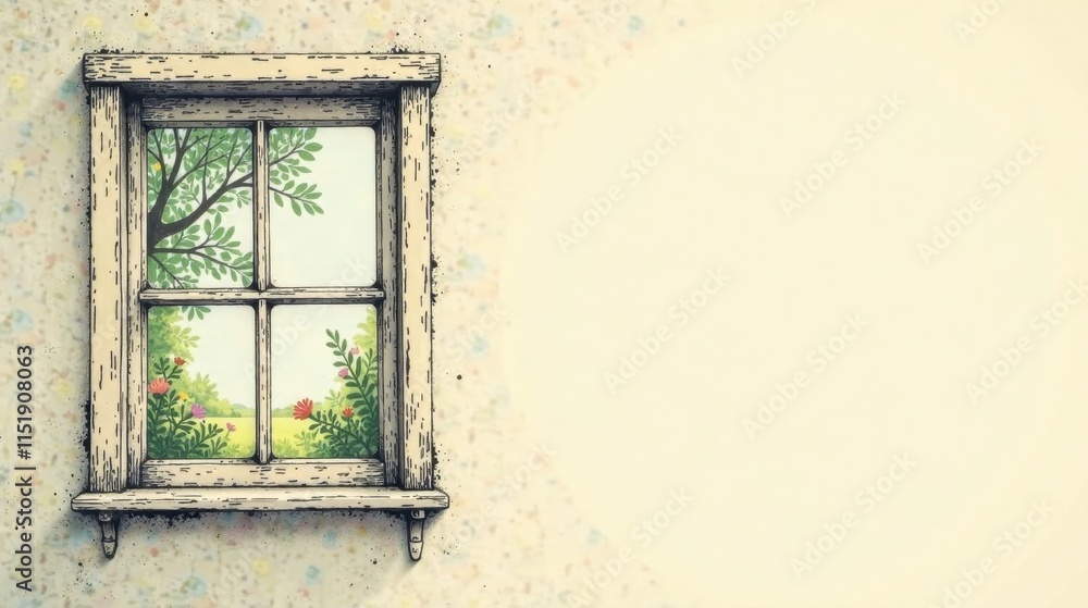 Fototapeta premium Rustic Window Frame Showing a Serene Spring Landscape with Lush Greenery and Vibrant Blossoms on a Soft Cream-Colored Wall