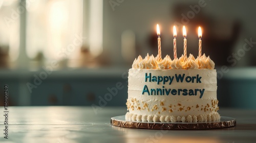 A decorated cake with candles celebrates a work anniversary, featuring the message 
