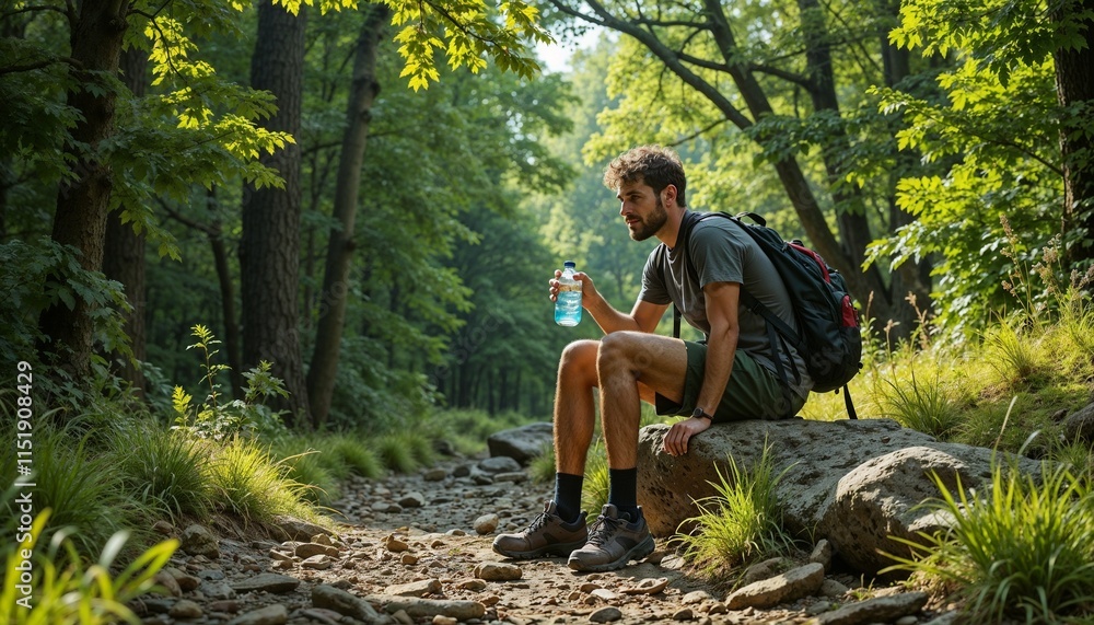 Fototapeta premium Exhausted hiker resting while drinking water in a lush green forest 