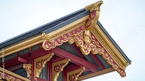 A close-up view of an ornate roof structure featuring intricate designs in vibrant colors, showcasing traditional architectural elements. photo