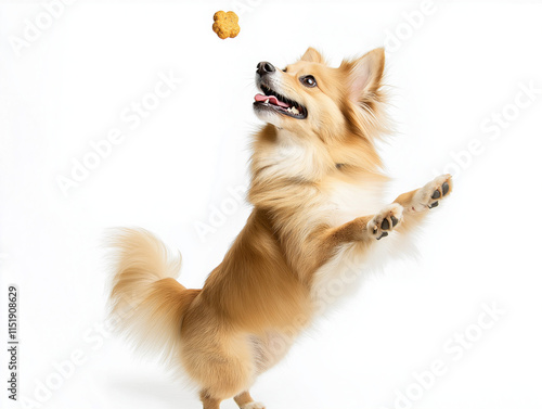 Verspielter Hund springt nach einem Leckerli in einer dynamischen Pose.

 photo