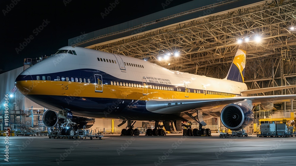 Fototapeta premium A large aircraft, a Boeing 747, is parked in a well-lit hangar at night, showcasing its distinctive yellow and blue livery.